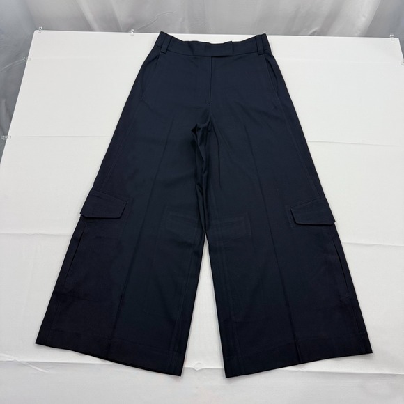 COS Wide Leg Wool Blend Cargo Dress Pants Womens 6 Flat Front Creased Crop Blue - Picture 1 of 14